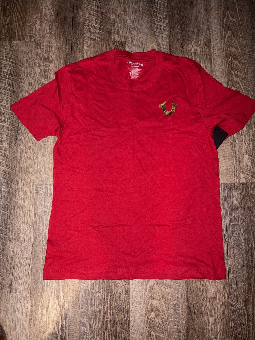True Religion Red Short Sleeve Crew Neck Tee with Gold Horseshoe Logo
